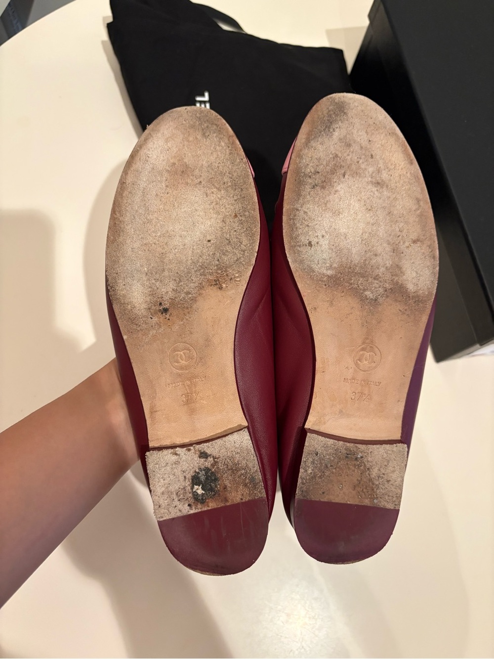 CHANEL by Matthieu Blazy Two Tone Leather Ballet Flats in Burgundy and Pink 37.5 - Picture 6 of 6